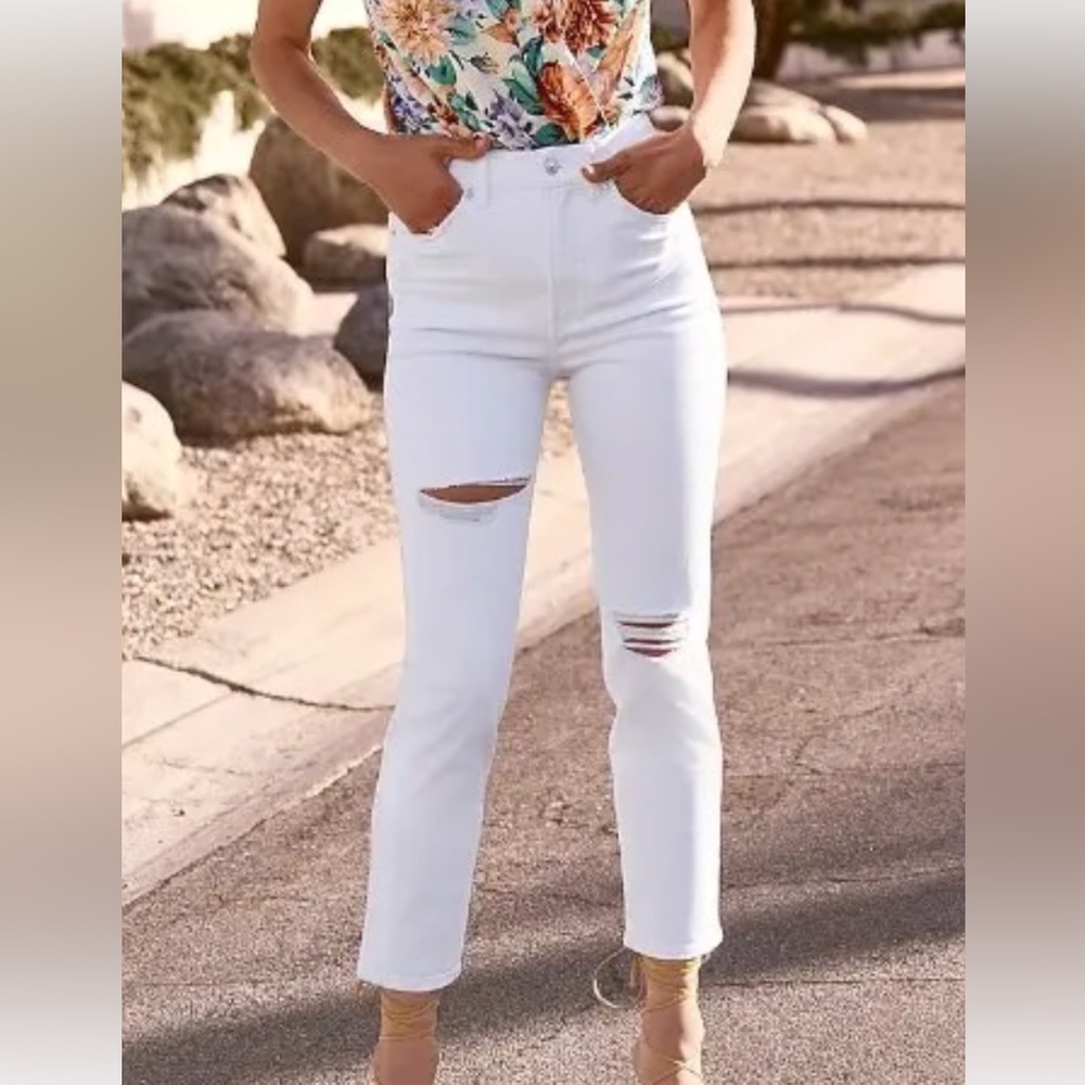 Express Super High Waisted White Ripped Slim Jeans 4L